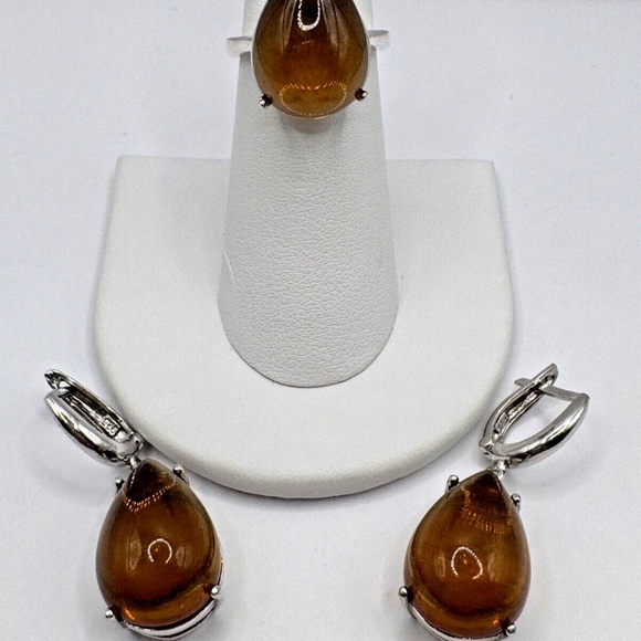 Color Change Created Zoisite Pear Cabochon Ring and Earring Set - Sterling 5.75 - Picture 2 of 10